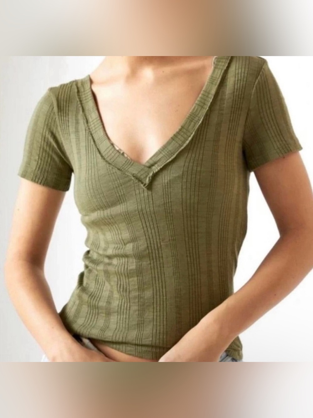 Urban Outfitters Olive Green Ribbed Short-Sleeve Top